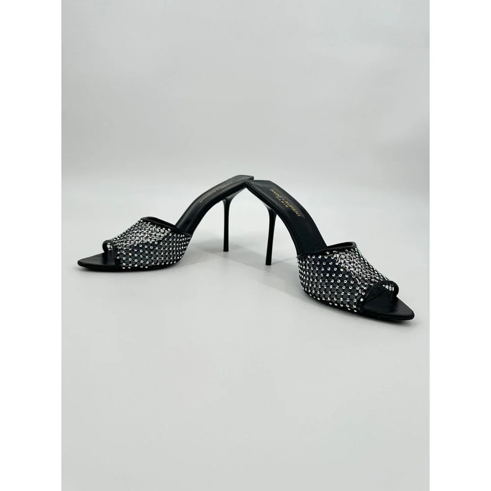 Saint Laurent Paris Luz Black Mesh Crystal Embellished Stiletto Mules Heels 39
